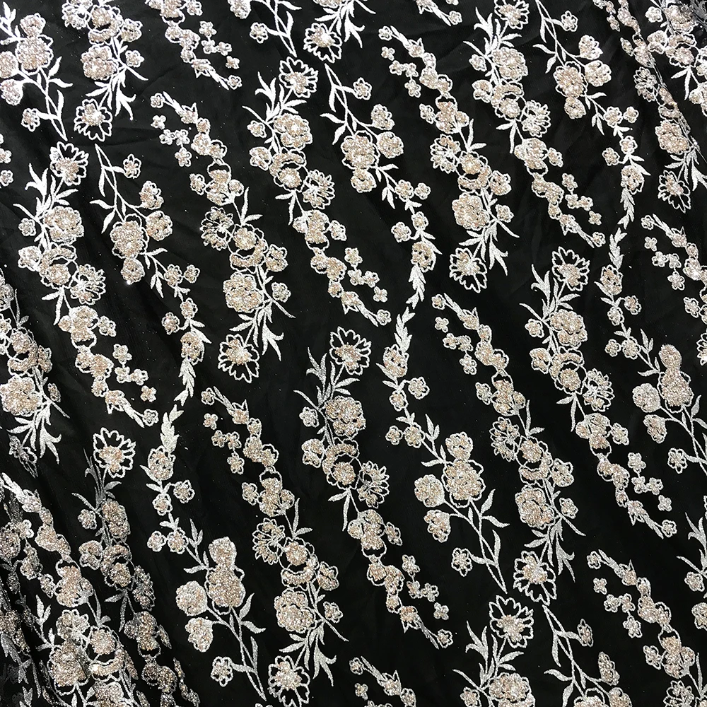 Wholesale Black African French Net Tulle Mesh Glitter Rhinestone Lace Fabric Shiny Flower Sequence Evening Dress Sewing Material