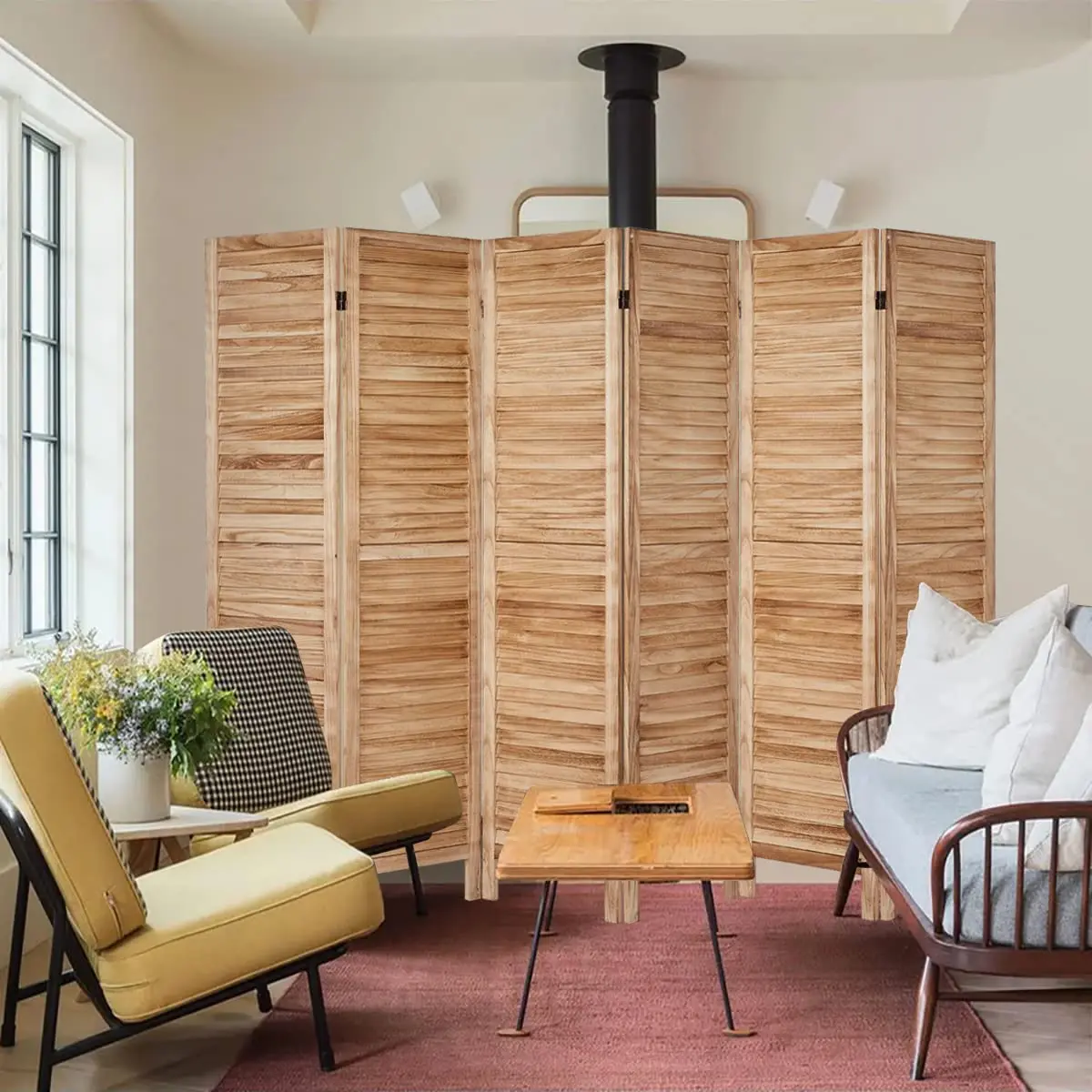 Custom Natural Woven Design Brown Color 6 Panel Folding Screen Wooden Privacy Screen Panels Restaurant Indoor Wall  Room Divider