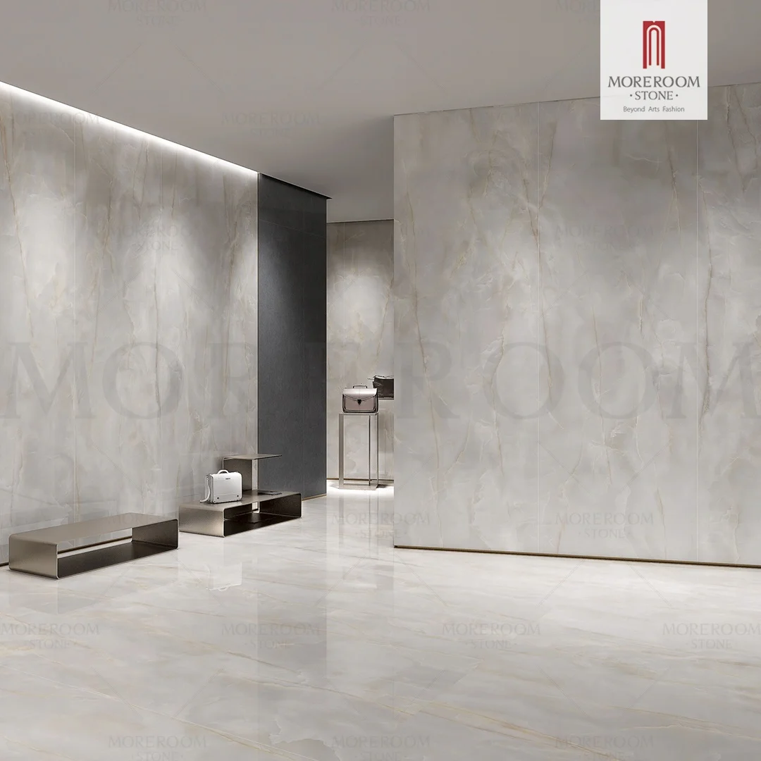 Large Size Snow White Onyx Stone Porcelain Floor Slab Wall Tiles For Bathroom