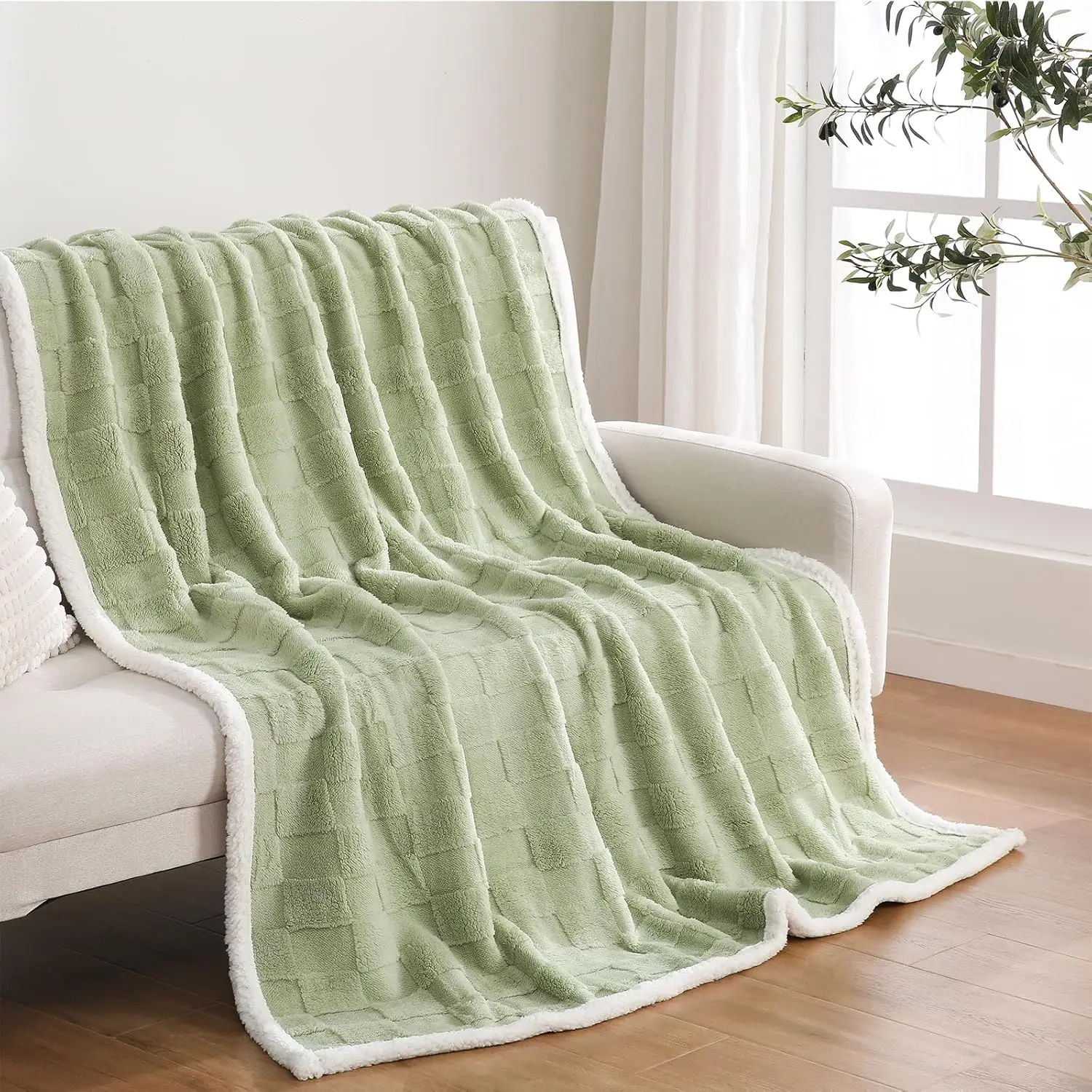 Sage green blanket fleece hoodie blanket Soft Breathable Lightweight and knitted  sherpa blanket for sofa and home