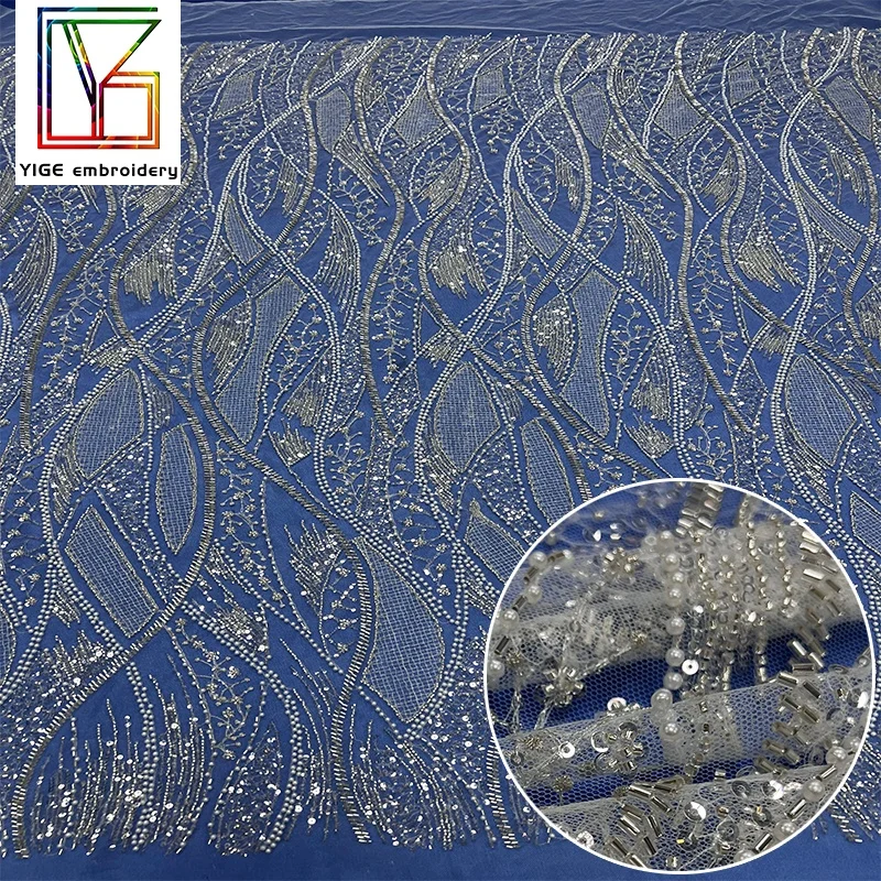 french White Bridal Net Laces bridal heavy beaded lace fabric dubai pearl bead sequins tulle lace fabric for wedding dress