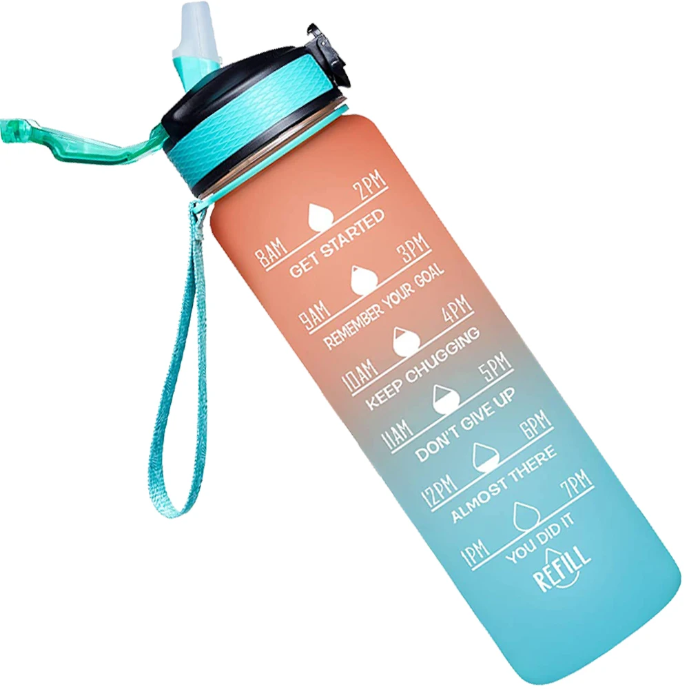 2022 Portable Leakproof reusable minimalist sport plastic gym 1 liter motivational 32oz wide mouth tritan aesthetic water bottle