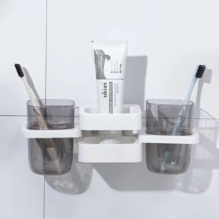 Hot Selling Plastic Wall Mounted Toothbrush Holder Bathroom Accessories Three in One Toothbrush Cup Holder Set