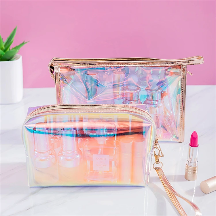 Wholesale Vegan Holographic Transparent Custom Makeup Bag Cosmetic High Quality Clear Design Your Own Logo