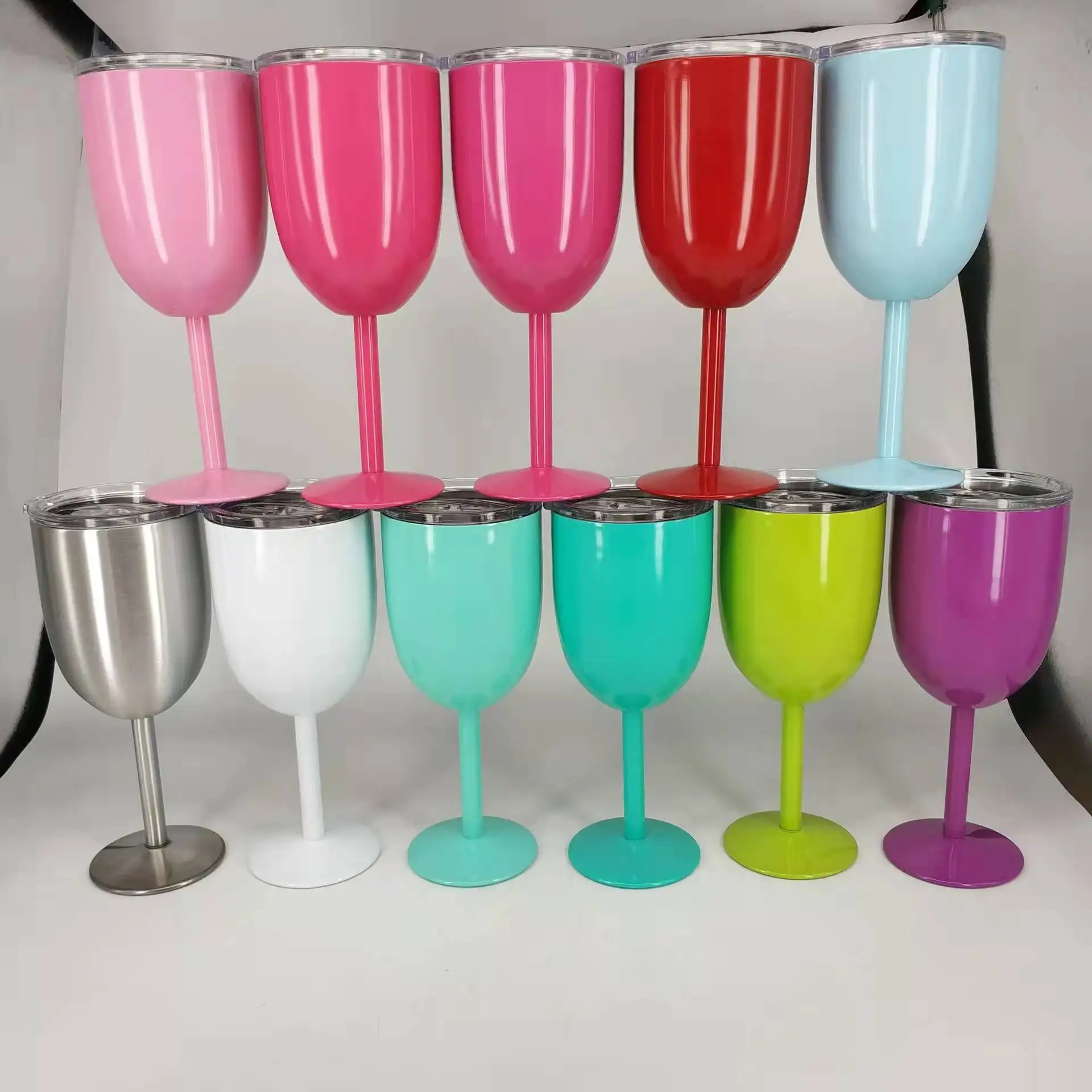 Double Wall Stem glass 304 Stainless Steel Metal 10OZ Silver Wine Glass Colored Wine Goblet with Lid