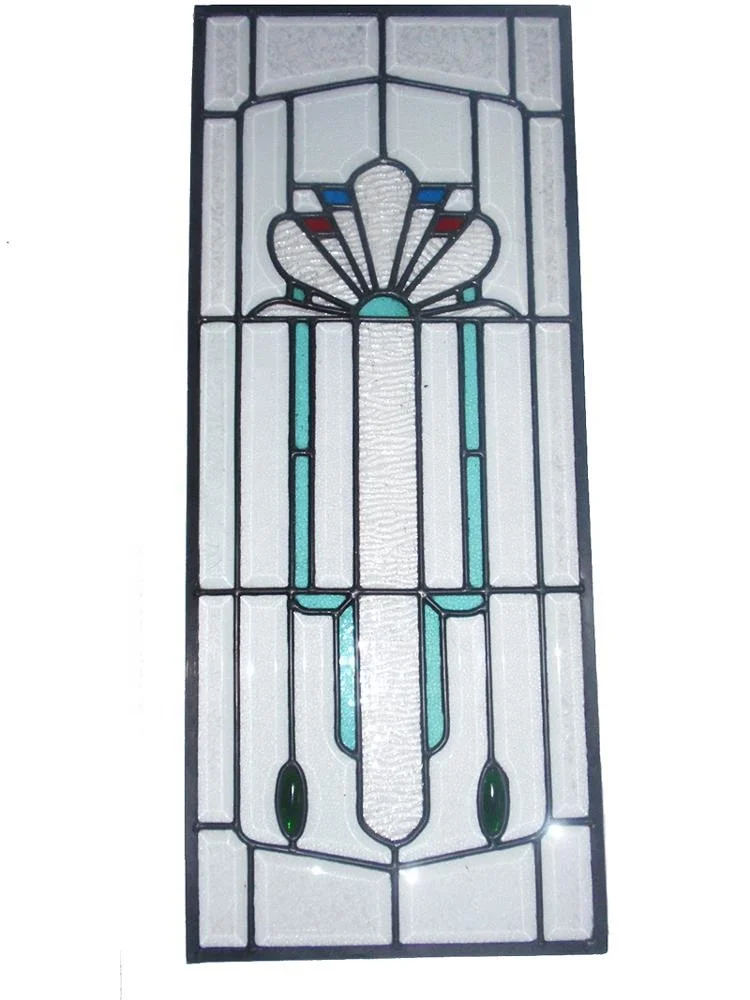 beveled glass window in oak frame with brass capped lead came