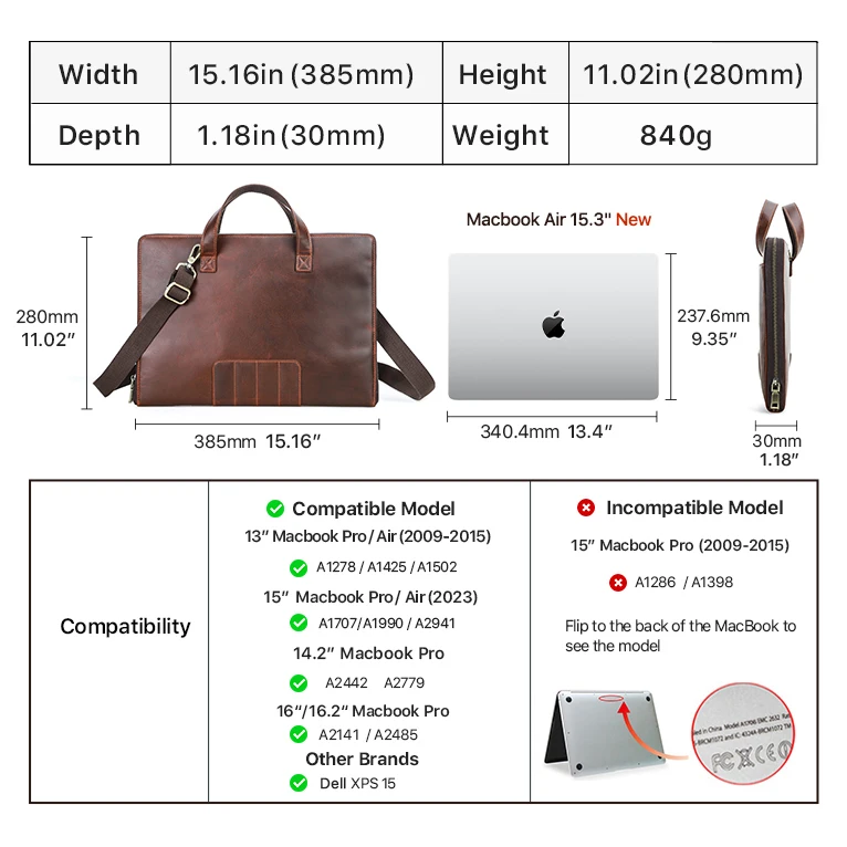 Leather Travel Laptop Briefcase Bag for 14 15.3 16.2 Inch Macbook Air M1 M2 16 Pro M3 PC Accessories Storage Case