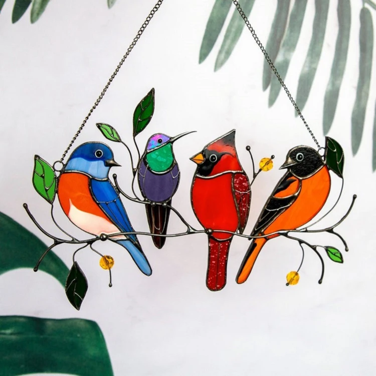 Stained Glass Panels Bird Window Panel Stained Glass Hanging Panel Acrylic Birds On Wire Home Garden Sun Catcher Bird Gifts