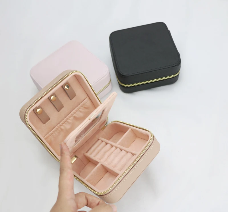 
Portable leather jewelry travel case organizer velvet jewelry box with mirror 