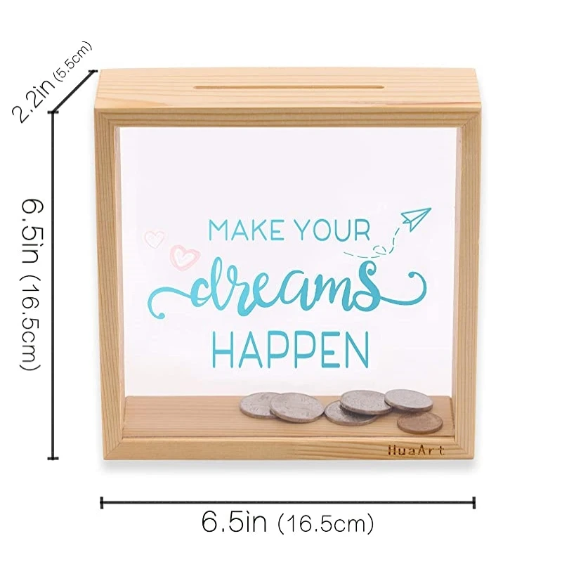 Custom Decorative Shadow Box Frame Shape Money Box Natural Wooden Coin Bank For Home Decor