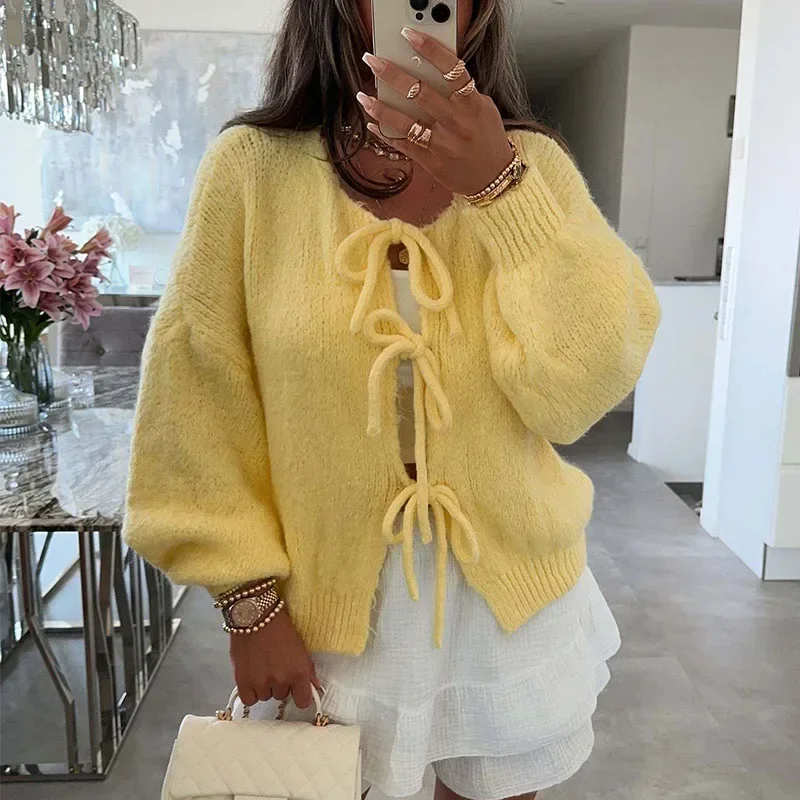 Women Lace-up Sweaters Cardigan Round Neck 2024 Autumn Winter Female Solid Color Long Sleeve Knitted Tops Lady Elegant Knitwear