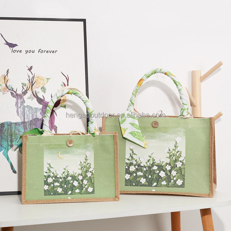 Jute tote bag eco friendly jute shopping bag large hessian bags for sale burlap tote with cotton handles