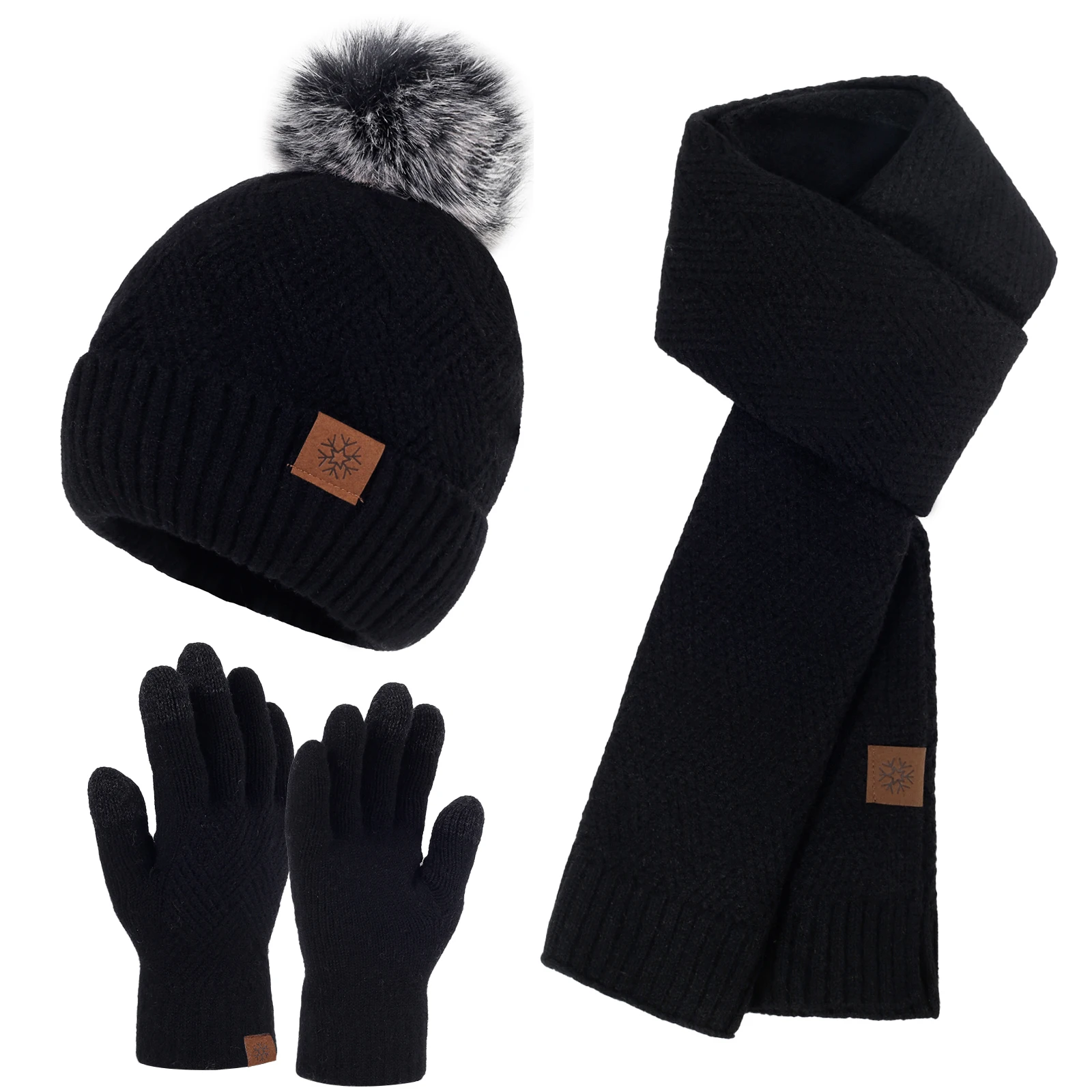 Wholesale unisex adult and kid winter knitted hat set custom label pom pom beanie hat scarf and gloves set