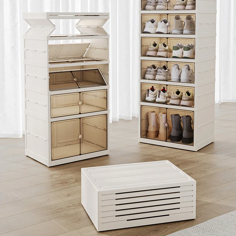 Stackable Plastic shoes Storage boxes with Lids Collapsible Bins Large capacity cabinet Foldable Container Organizer