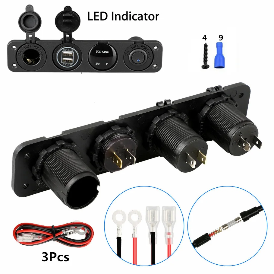 Waterproof LED Voltmeter Cigarette Lighter Socket Splitter Toggle Switch usb charger panel for cars boat Marine RV Golf Cart ATV