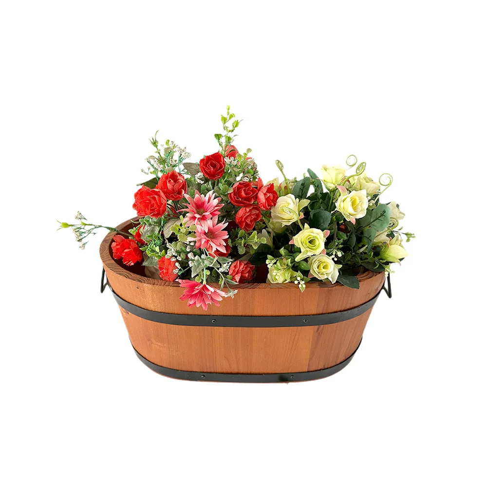 Hot sale products seed flowerpot creative balcony bonsai wooden cask flowerpot with plant