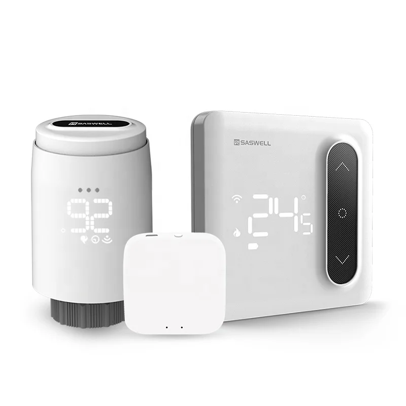 SASWELL Water Underfloor Radiator Temperature Controller Kit Programmable Smart Control 3 TRVs+1 Sensor+1Zigbee Hub