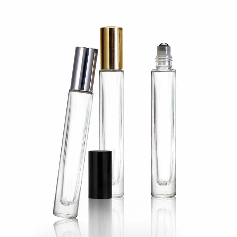 Wholesale 10 ml transparent thick bottom essential oil bottle roll on glass 10ml roller perfume bottle with stainless steel ball