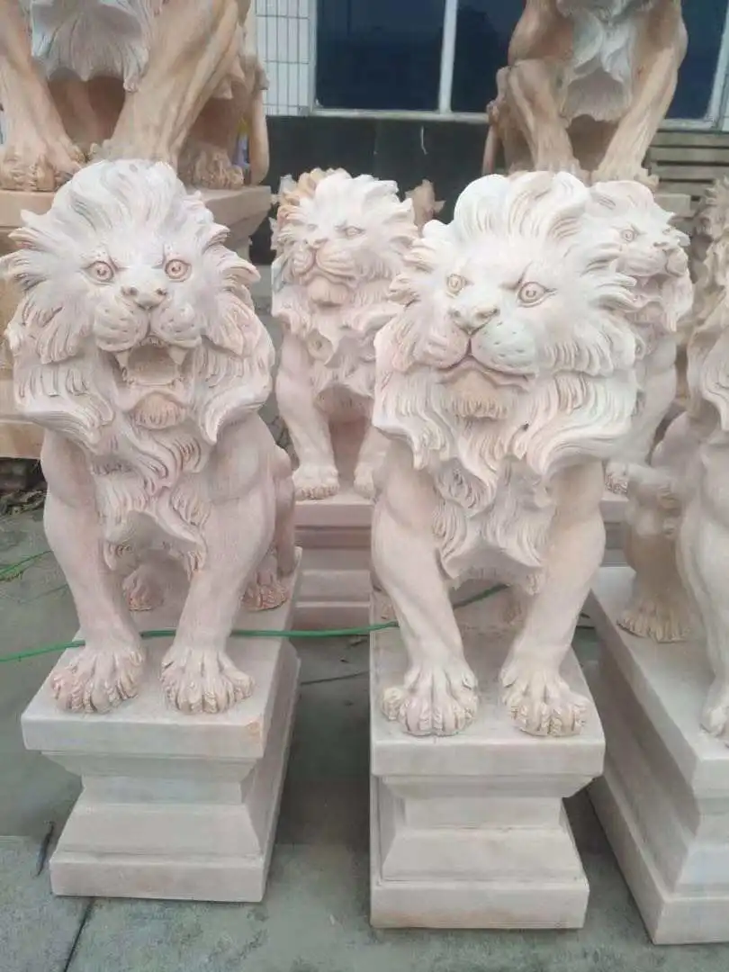 White Marble Lion Carving Animal Standing Lion Sculptures Garden Stone Statues