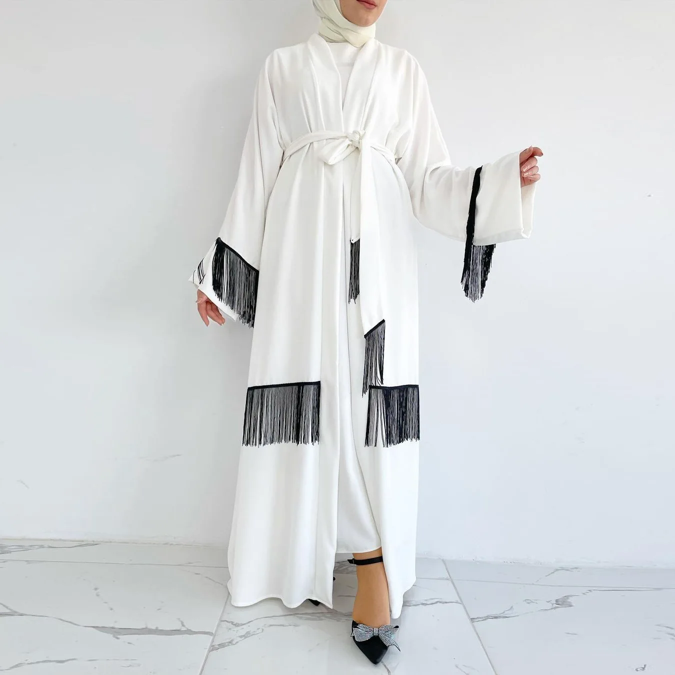 Custom Open Abaya Muslim Women Dress Turkey  Femmes Kimono Robes White Chiffon Abaya With Tassel