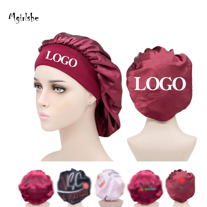 Mgirlshe Customized Logo Designer Bonnet Satin Bonnet Sleep Cap for Hair Long Braids Large Soft Elastic Band Night Sleeping Hat