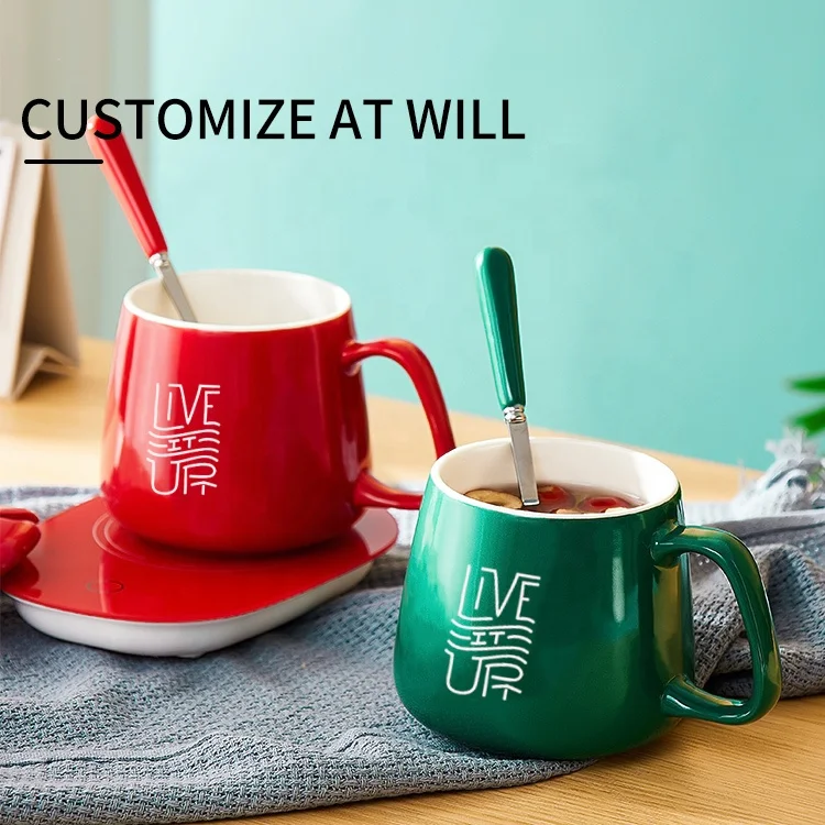 Short and Plump Colored Ceramic Mug Coffee Cup with Lid and Spoon Customized Logo Flat Bottom for Heating Beautiful Drinking Cup