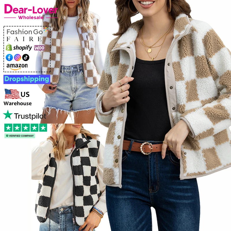 Dear-Lover Wholesale Winter Fashion Sherpa Fleece Jacket Plaid Checkered Collared Vest Coats For Women