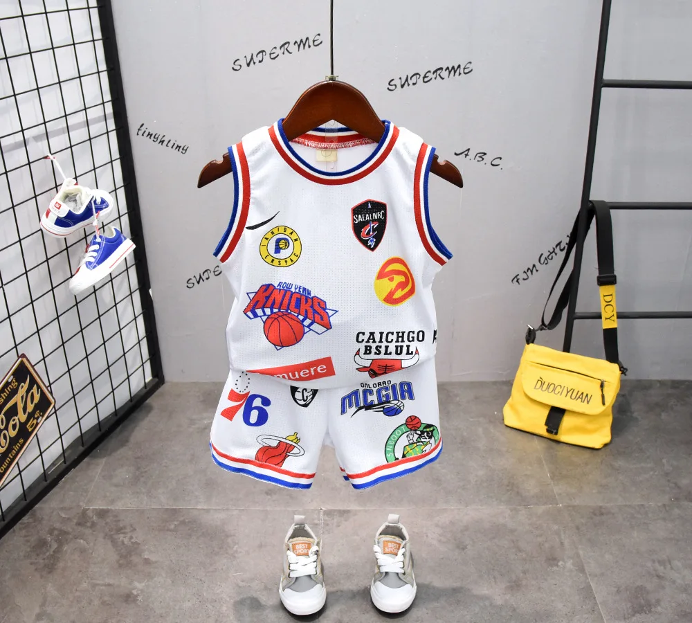 
Factory price low MOQ summer dry fit material custom size logo children 2 piece 2 year old kids boy clothes clothing set 