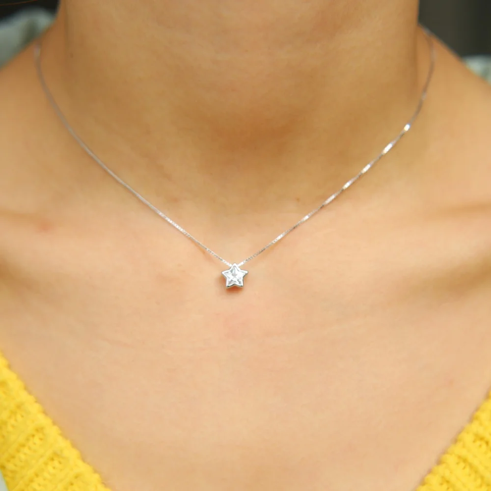 italy silver chain box delicate chain with star cubic zirconia cz single stone star pendant necklace