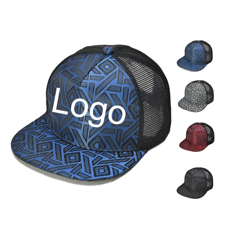 Outdoor Sun Protection Embroidery Polyester Hip Hop Snapback Caps Custom Logo Flat Brim 5 Panel Mesh Trucker Hats