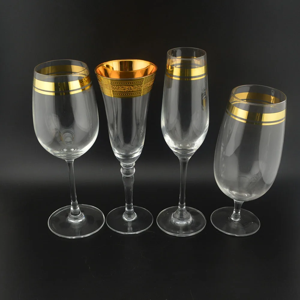 Custom hand blown luxury glass wine glass goblet with gold rim decoration