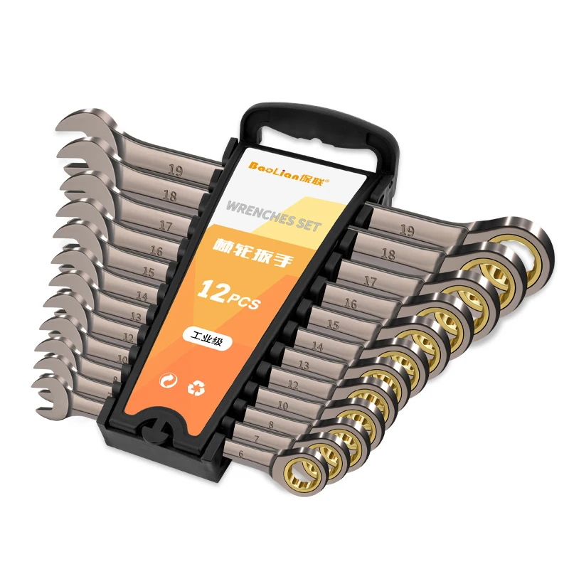 12Pcs 6-19mm Dual Purpose Ratchet Combination Wrench Set with Organizer Rack 72 Tooth Gear Double Use Car Repair Tool