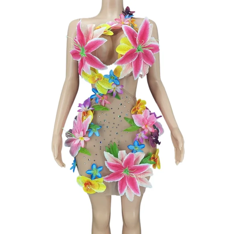Vestido De Fiesta Summer 2022 Sexy See Through Mesh Backless Rhinestone Floral Sun Dress Ladies Prom Gown Women Party Club Dress