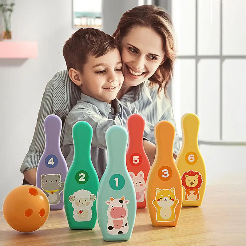 Indoor Bowling Ring Throwing Game Toys Set Baby Speed and Agility Training Toys DIY Animal Plastic Bowling With Sticker Toy