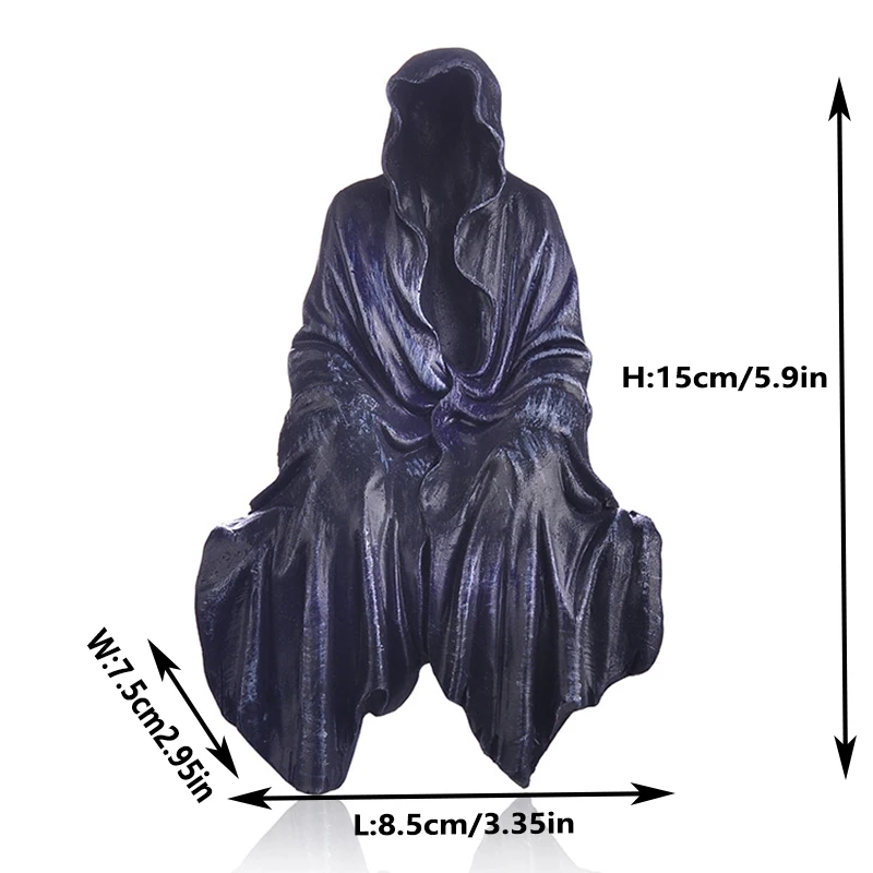 Halloween Spooky Gothic Decor Cloaked Figure Resin Figurine Mysterious Sitting Black Robe Statue