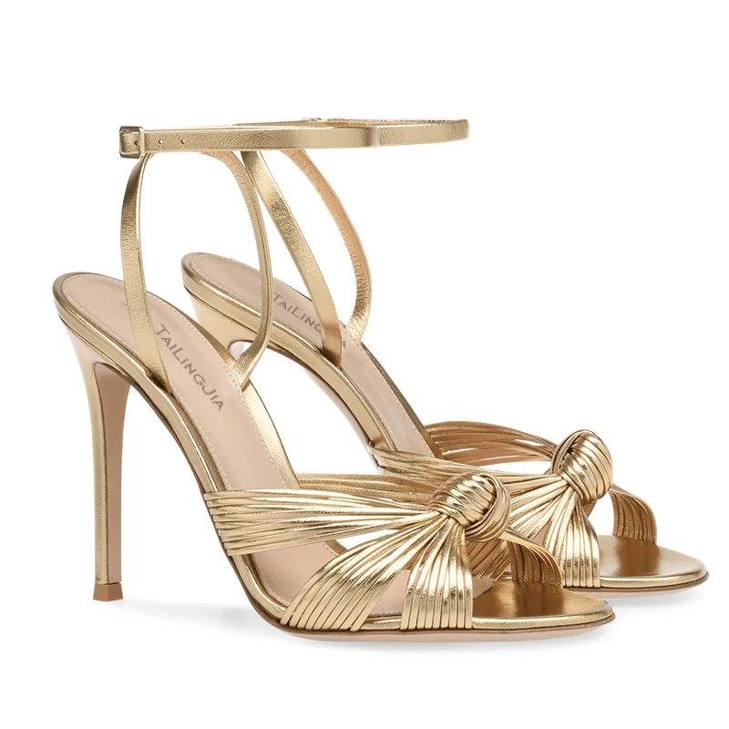 Gold PU Leather Stylish Knot Ankle Strap Elegant High Heels Party Shoe Summer Sandals