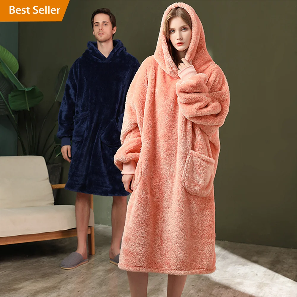 Custom Logo Winter Oversized Fluffy Fleece Flannel Coral Soft Snuggie Hoodie Blanket