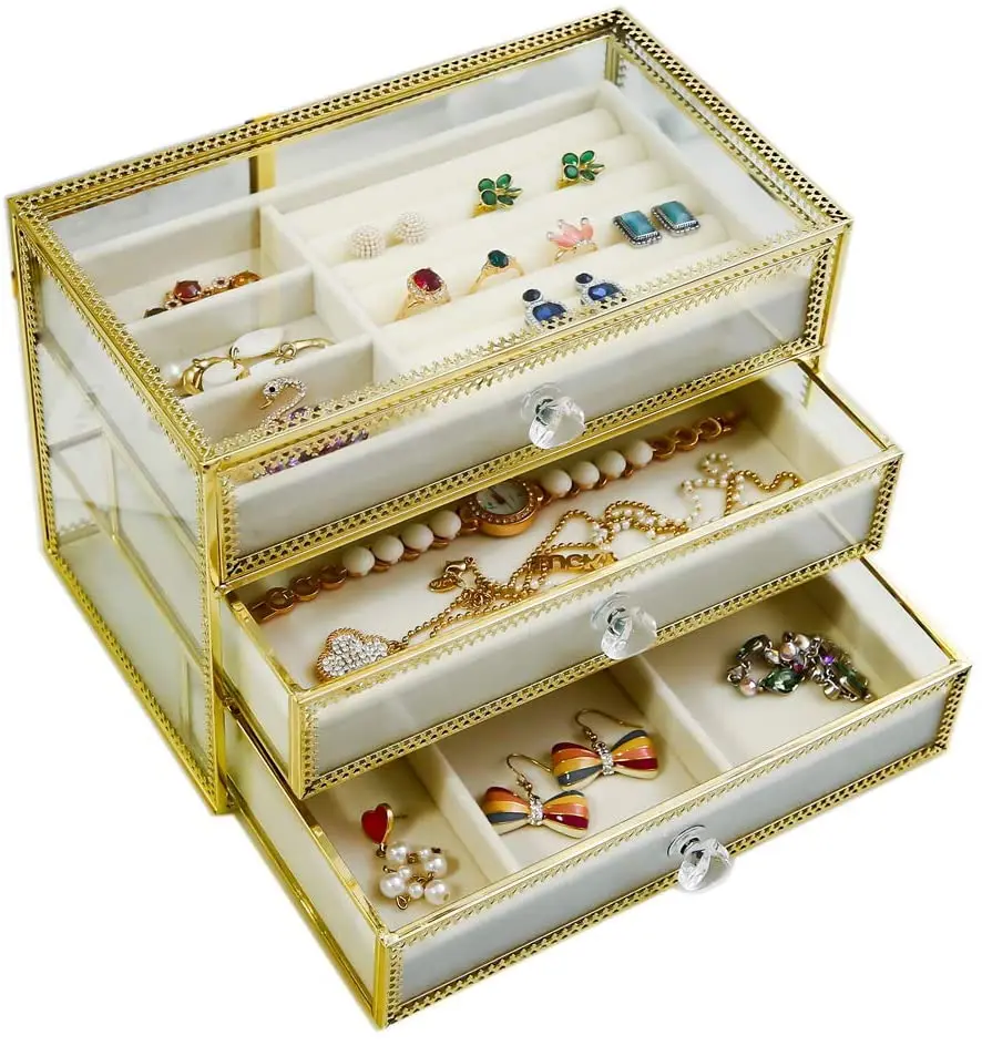 Golden Brass Vintage Glass Jewelry Box with 3 Drawers Earrings Necklace Ring Bracelet Watch Organizer Case for Women