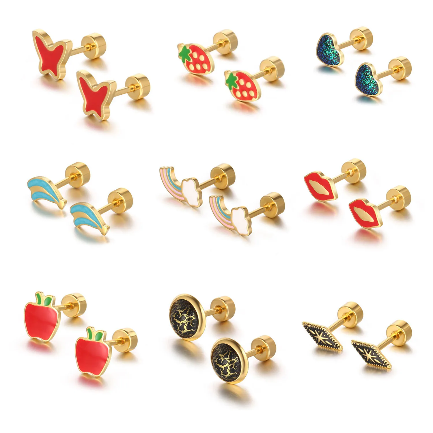 Summer Trendy Gold Plating Stainless Steel Enamel Butterfly Earrings Dainty Cute Kids Heart Strawberry Studs Earring