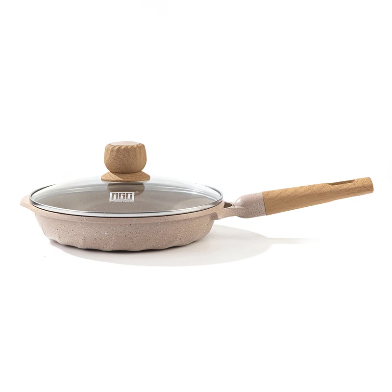 French style 20CM round frying pan with beige induction base and black and white dots aluminum die-casting