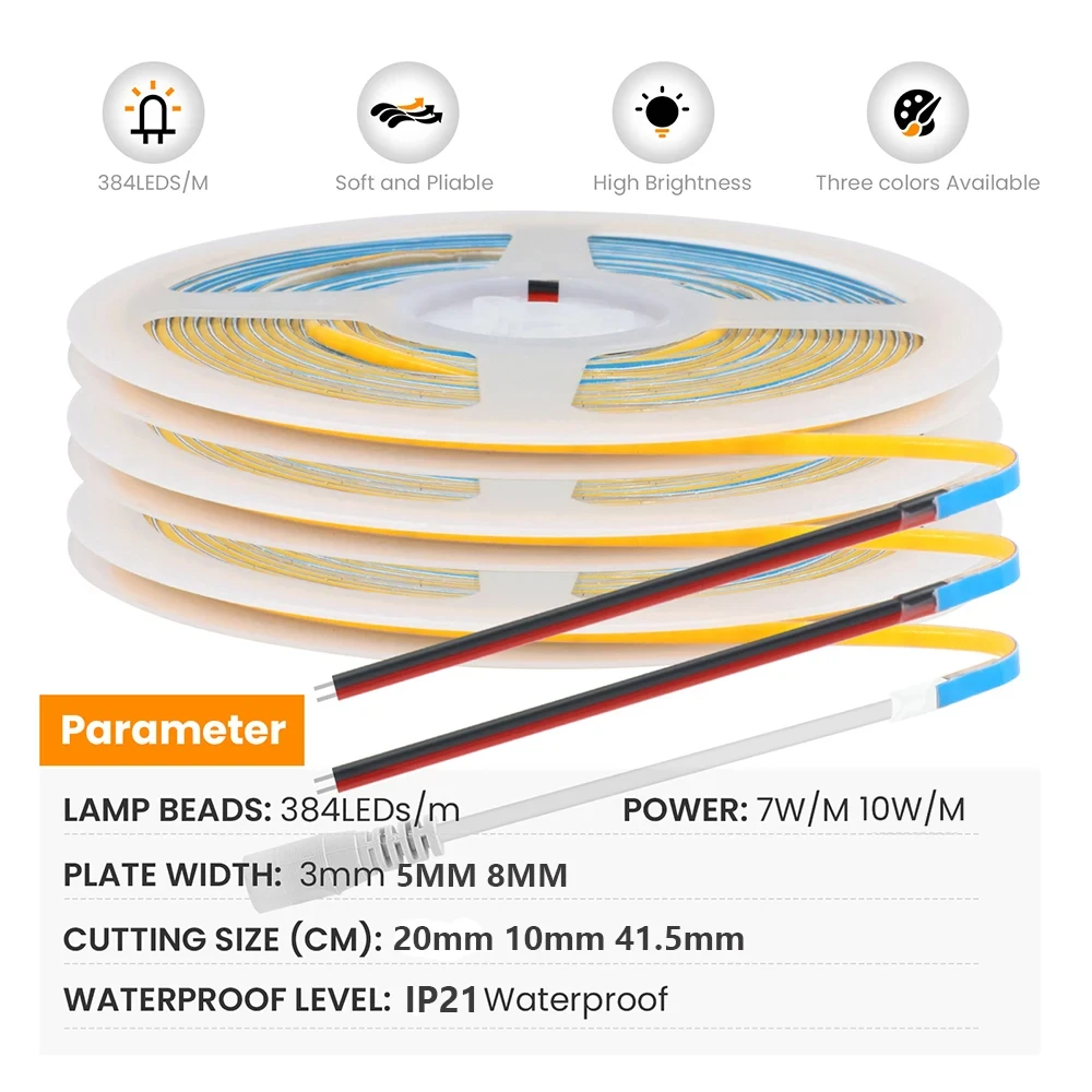 COB LED Flexible Strip Light 12V/24V 384LED/m High-Density Tape 3000K/4000K/6000K Slim 8mm PCB with DC Plug