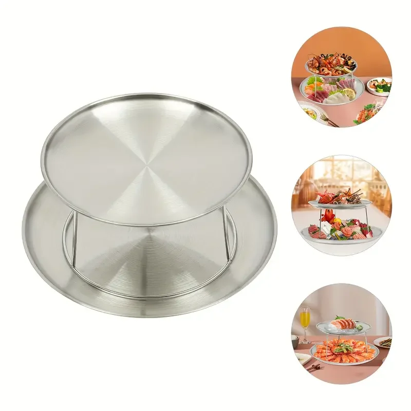 Stainless Steel 2-Tier Seafood Plate Serving Stand Dessert Serving Plate Snack Display Trays Food Holder Tower