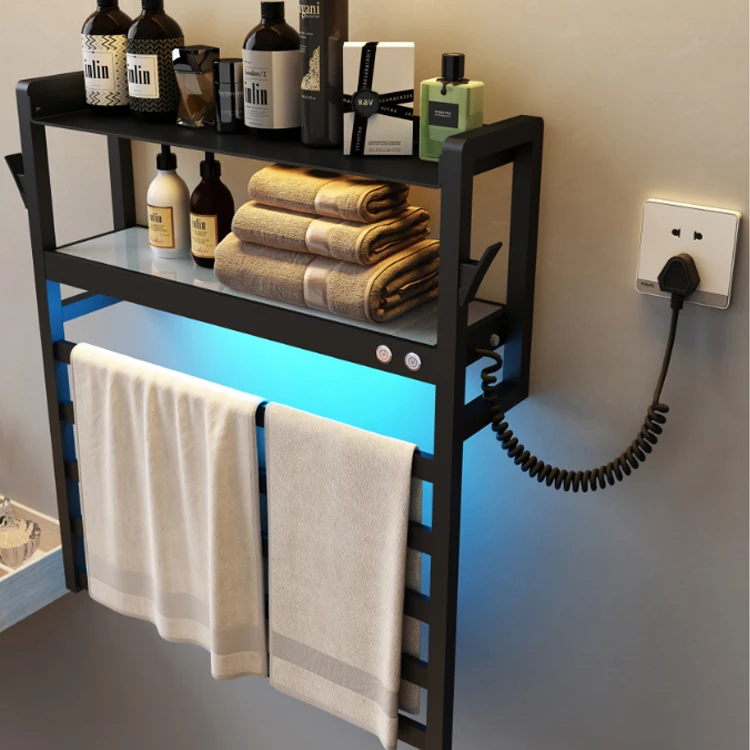 Modern Bathroom Electric Heated Towel Rack with Shelf Electric Towel Radiator with Storage Rack Heating Drying Towel Warmer