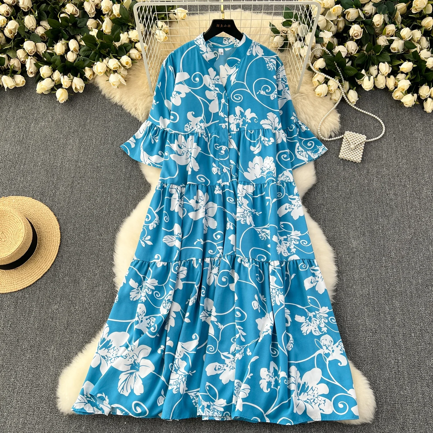 New European And American Style Round Neck Short Sleeve Printed Belt Elegant Dress