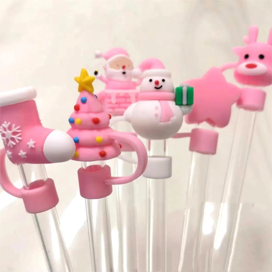 2024 popular  10mm/0.4In Straw Lids Protectors pink Christmas straw toppers for tumbers wholesale