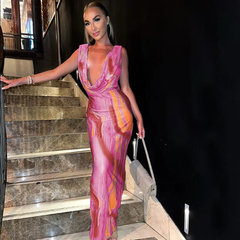 B27458 trendy rib knit sleeveless long printed backless deep V neck bandage sexy dresses women