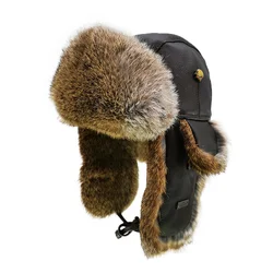 A232 FUR WINTER Vintage Bull Leather Rabbit Fur Aviator Bomber Trapper Trooper Ski Hat