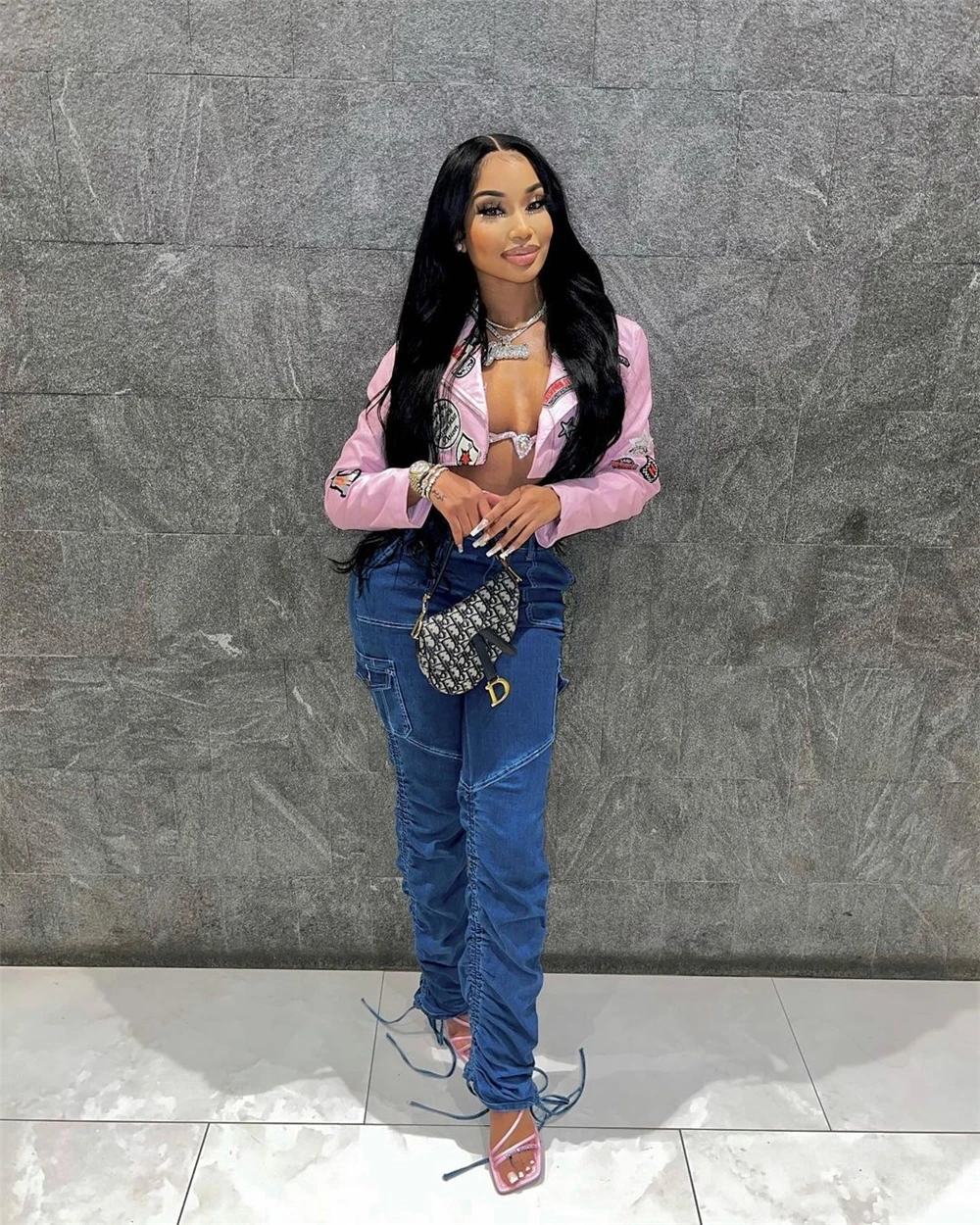 Fall 2023 Women Clothes Faux Leather Biker Jackets For Ladies Pu Leather Cropped Motorcycle Jacket Patches Leather Jacket