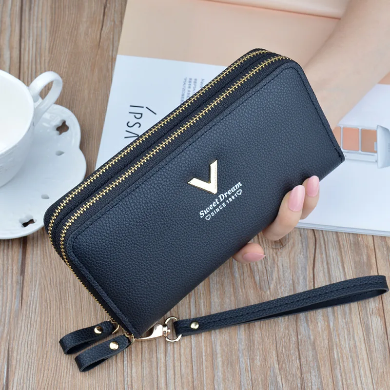 Fashion Luxury Durable Long High Capacity PU Leather wallets lady wallet custom logo Women double Zipper Purse Wallet