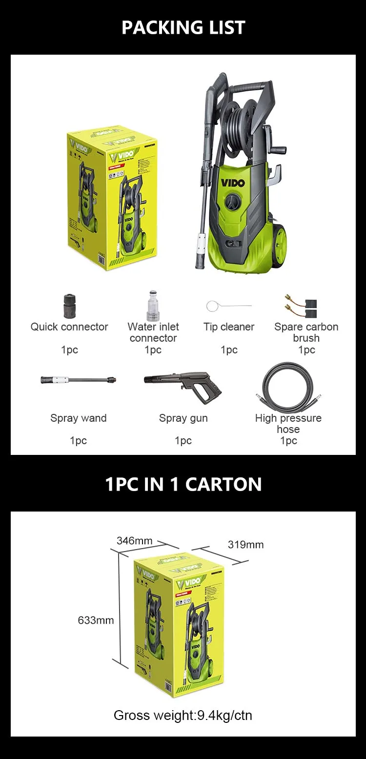 VIDO 2000w 220v 150bar bar professional electric nozzle power machine pump  high pressure car washer